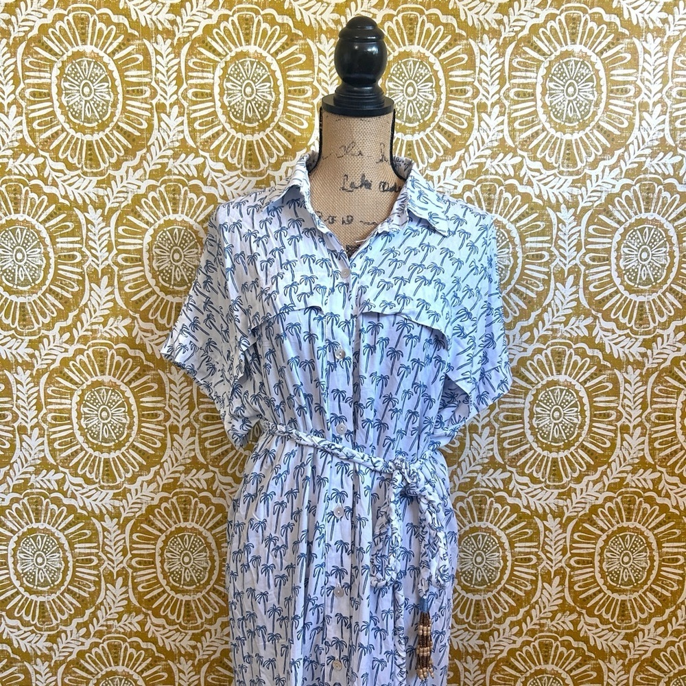Skemo Palmerita Palm Print Short Sleeve Tie Waist Shirt Midi Dress White/Navy M - Picture 6 of 14